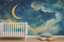 Load image into Gallery viewer, Moon And Stars Nursery Wallpaper – Celestial Sky Wall Mural With Golden Moon And Clouds, Gender Neutral Baby Room Wall Decor