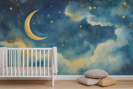 Moon And Stars Nursery Wallpaper – Celestial Sky Wall Mural With Golden Moon And Clouds, Gender Neutral Baby Room Wall Decor