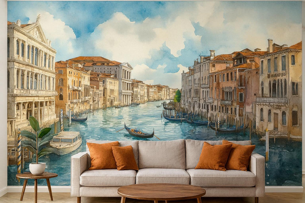 Venice Canal Wallpaper Mural – 3D Watercolor City Wall Art With Gondolas, Italy Style Peel And Stick Wallpaper For Living Room