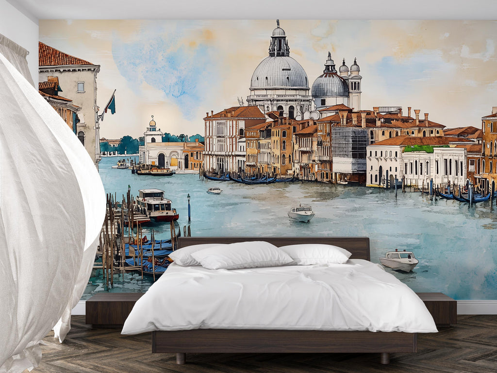 Venice Canal 3D Wallpaper Mural | Italian Gondola Cityscape Wall Decor | Large Peel and Stick Wallpaper for Bedroom Living Room Office Gift