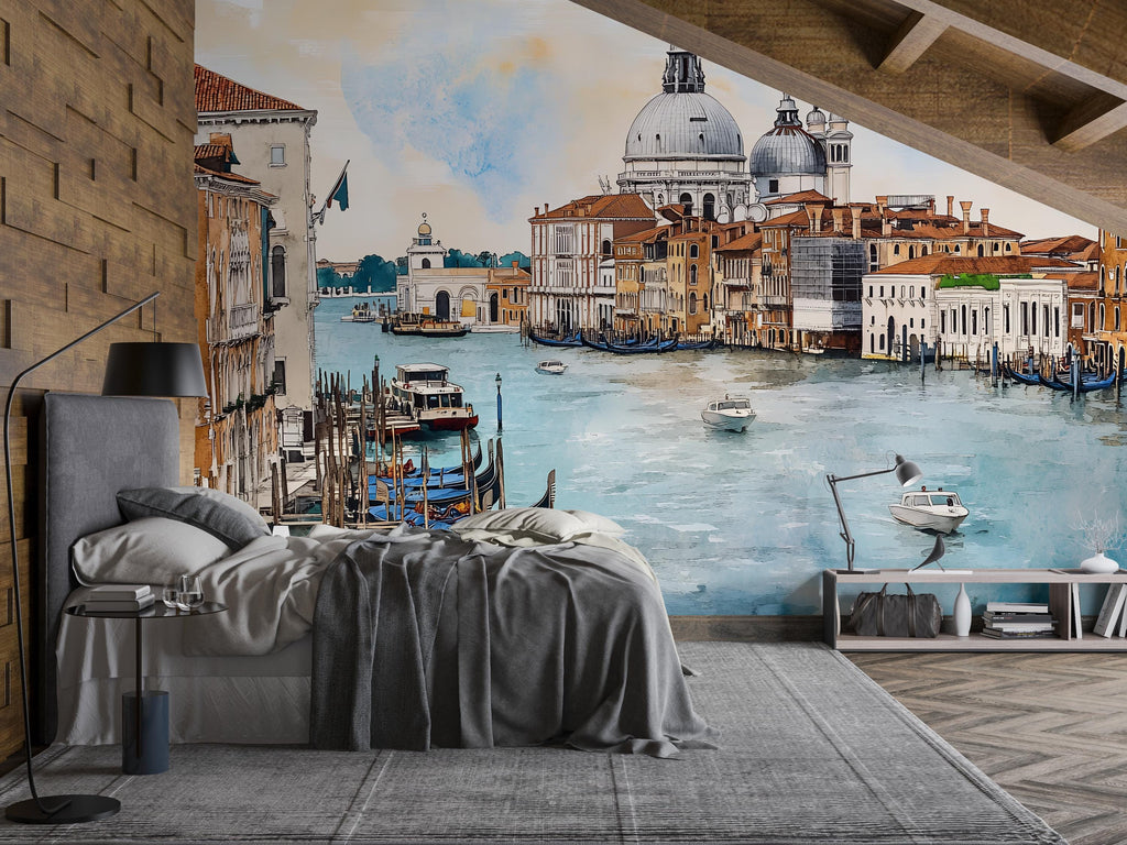 Venice Canal 3D Wallpaper Mural | Italian Gondola Cityscape Wall Decor | Large Peel and Stick Wallpaper for Bedroom Living Room Office Gift