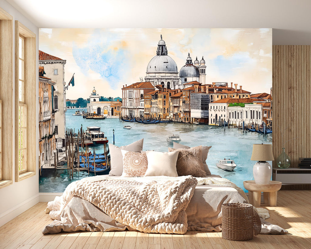 Venice Canal 3D Wallpaper Mural | Italian Gondola Cityscape Wall Decor | Large Peel and Stick Wallpaper for Bedroom Living Room Office Gift