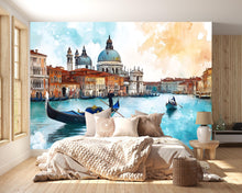 Load image into Gallery viewer, Venice Canal View 3D Wallpaper Mural – Italian Cityscape Wall Decor With Gondola – Modern Bold Stylish Room Accent – Living Room Bedroom