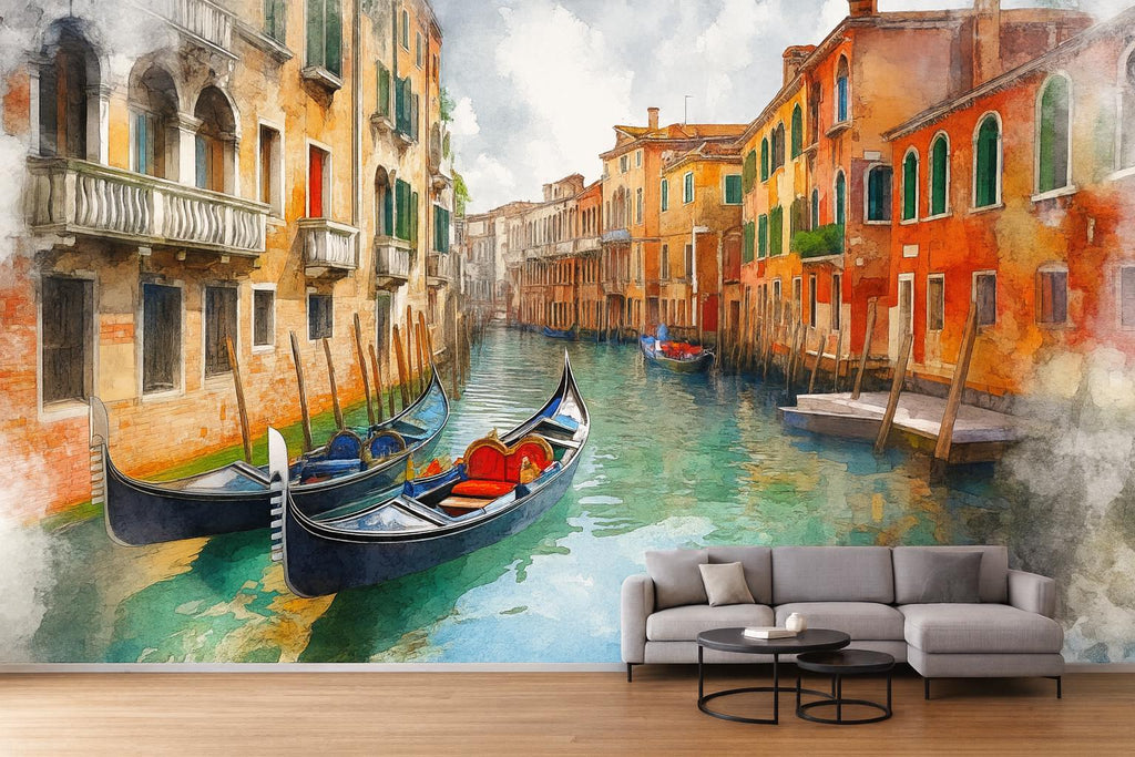 Venice Gondola Canal Wallpaper Mural – 3D Watercolor Cityscape Wall Decor, Modern Bold Bedroom Living Room Stylish Gift, Italian City Wall