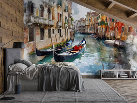 Venice Gondola Canal Wallpaper Mural – 3D Watercolor Cityscape Wall Decor, Modern Bold Bedroom Living Room Stylish Gift, Italian City Wall