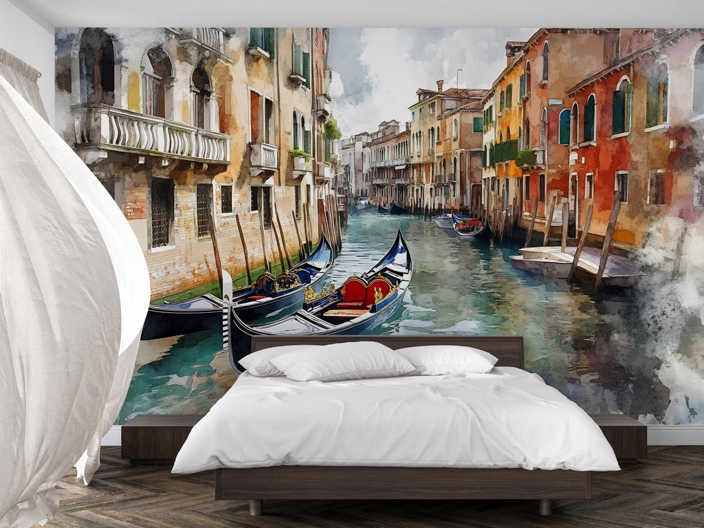 Venice Gondola Canal Wallpaper Mural – 3D Watercolor Cityscape Wall Decor, Modern Bold Bedroom Living Room Stylish Gift, Italian City Wall