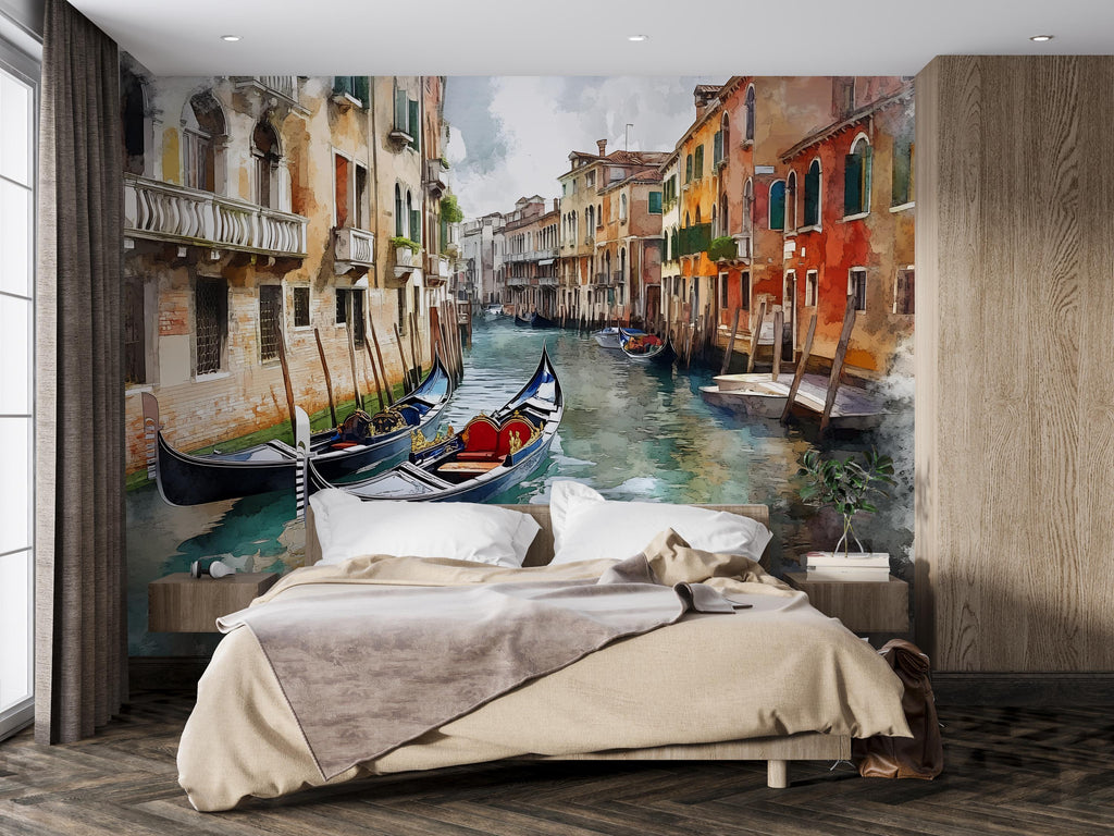 Venice Gondola Canal Wallpaper Mural – 3D Watercolor Cityscape Wall Decor, Modern Bold Bedroom Living Room Stylish Gift, Italian City Wall