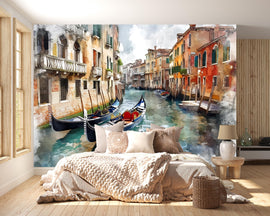Venice Gondola Canal Wallpaper Mural – 3D Watercolor Cityscape Wall Decor, Modern Bold Bedroom Living Room Stylish Gift, Italian City Wall