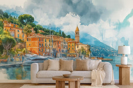 Stylish 3D Wallpaper Italy Portofino Village Seaside Wall Mural | Modern Bold Wall Decor Coastal Landscape | Gift For Home Bedroom