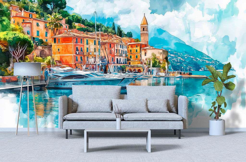 Stylish 3D Wallpaper Italy Portofino Village Seaside Wall Mural | Modern Bold Wall Decor Coastal Landscape | Gift For Home Bedroom
