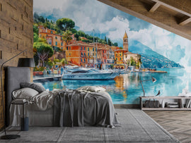 Stylish 3D Wallpaper Italy Portofino Village Seaside Wall Mural | Modern Bold Wall Decor Coastal Landscape | Gift For Home Bedroom