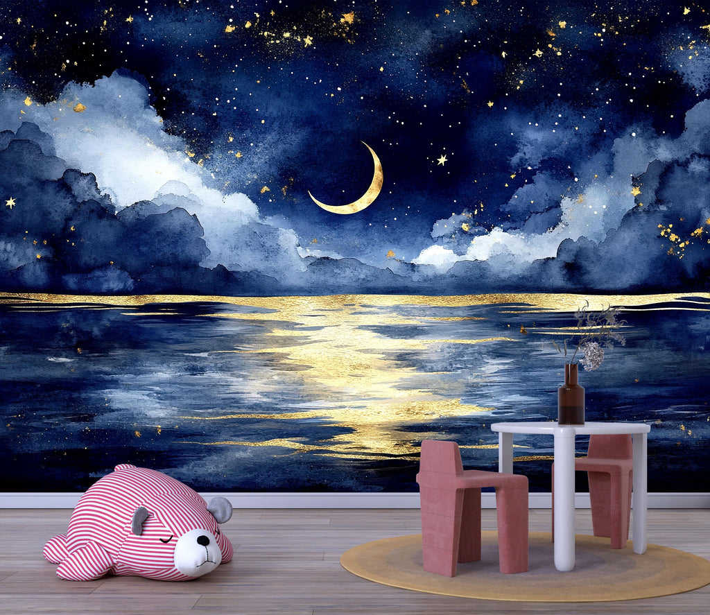 Luxury Moonlit Sky Wallpaper Mural – Crescent Moon And Stars Wall Decor For Nursery, Kids Room Or Bedroom – Modern 3D Celestial Sky