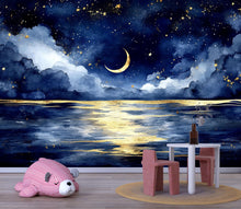 Load image into Gallery viewer, Luxury Moonlit Sky Wallpaper Mural – Crescent Moon And Stars Wall Decor For Nursery, Kids Room Or Bedroom – Modern 3D Celestial Sky
