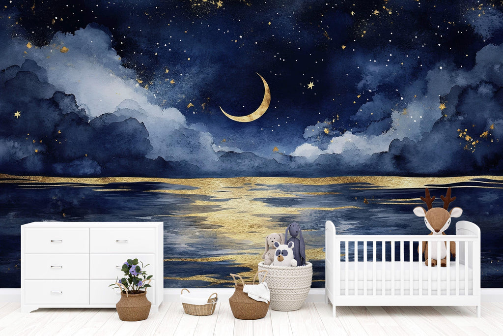Luxury Moonlit Sky Wallpaper Mural – Crescent Moon And Stars Wall Decor For Nursery, Kids Room Or Bedroom – Modern 3D Celestial Sky