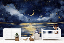 Load image into Gallery viewer, Luxury Moonlit Sky Wallpaper Mural – Crescent Moon And Stars Wall Decor For Nursery, Kids Room Or Bedroom – Modern 3D Celestial Sky