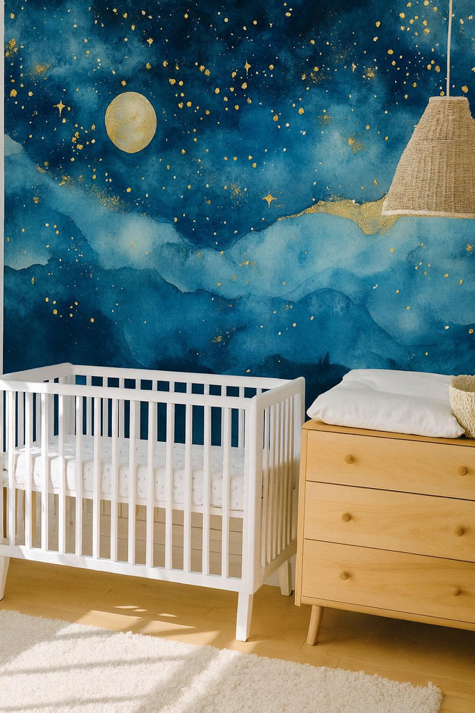 Elegant Moon And Stars Nursery Wallpaper – 3D Night Sky Wall Mural For Kids Room, Baby Crib Background, Gender Neutral Celestial