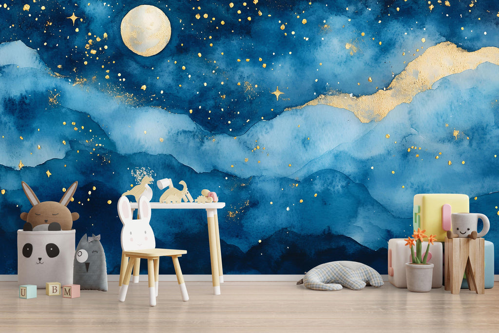 Elegant Moon And Stars Nursery Wallpaper – 3D Night Sky Wall Mural For Kids Room, Baby Crib Background, Gender Neutral Celestial