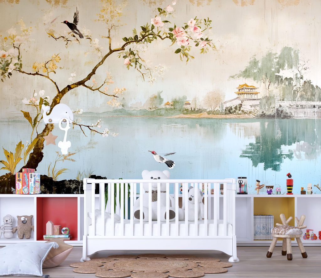 Elegant Asian Style Wallpaper Mural With Blossoming Tree And Bird Design | 3D Scenic Wall Decor For Nursery, Bedroom, Living Room, Stylish