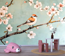Load image into Gallery viewer, Bird Blossom Branch Nursery Wallpaper – 3D Modern Wall Mural for Kids Room, Baby Nursery, Playroom or Bedroom – Stylish Bold Wall Decor Gift