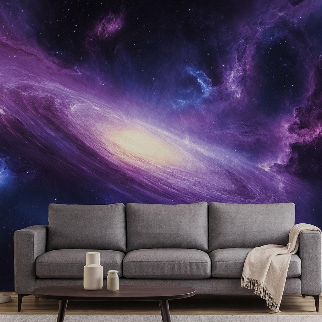 Galaxy Space Wall Mural Wallpaper • 3D Outer Space Universe Design • Purple Galaxy Nebula Wall Decor • Cosmic Stars Kids Bedroom Modern