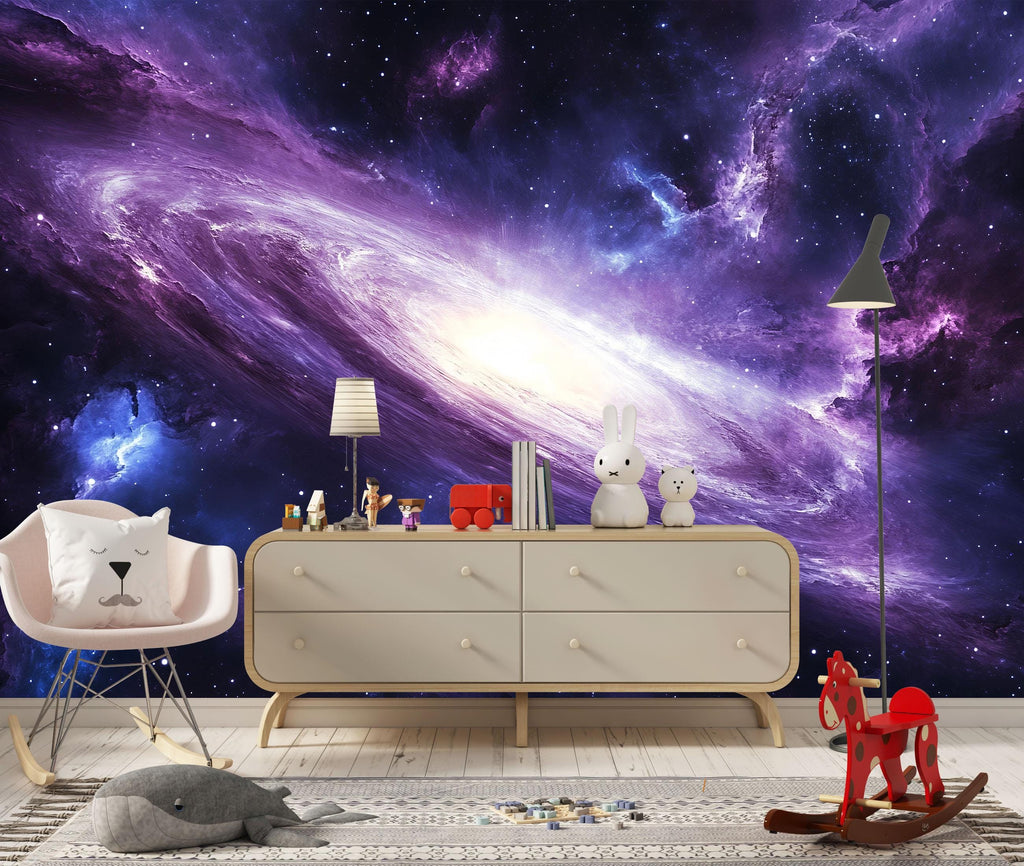 Galaxy Space Wall Mural Wallpaper • 3D Outer Space Universe Design • Purple Galaxy Nebula Wall Decor • Cosmic Stars Kids Bedroom Modern