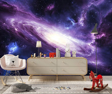 Load image into Gallery viewer, Galaxy Space Wall Mural Wallpaper • 3D Outer Space Universe Design • Purple Galaxy Nebula Wall Decor • Cosmic Stars Kids Bedroom Modern