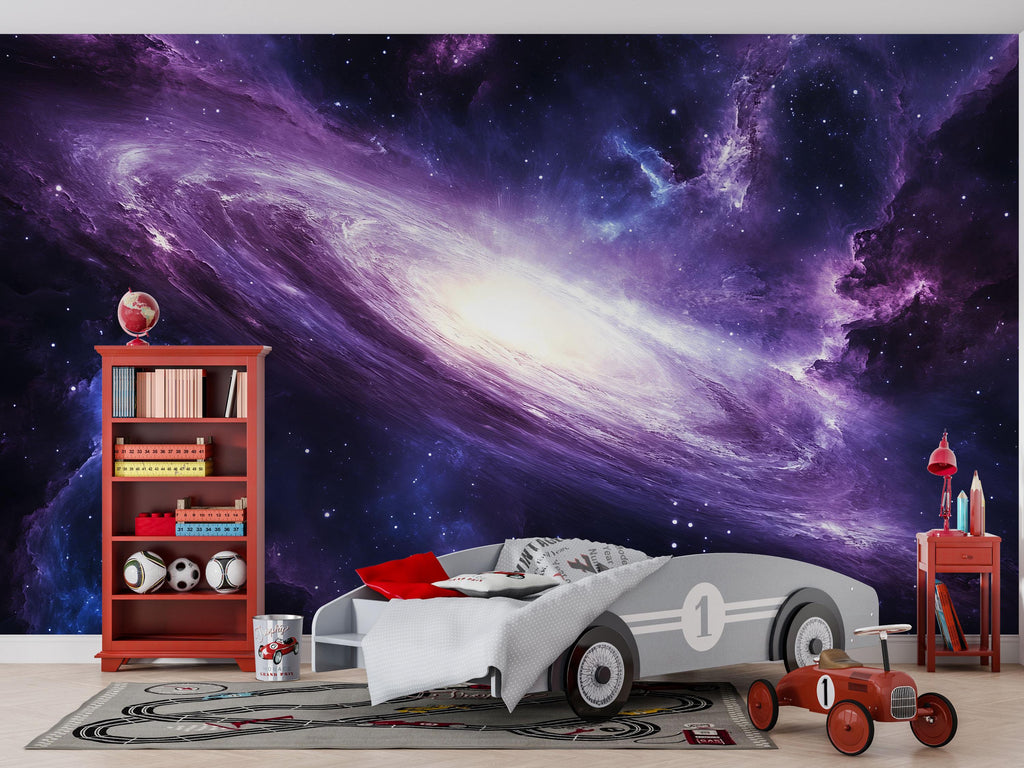 Galaxy Space Wall Mural Wallpaper • 3D Outer Space Universe Design • Purple Galaxy Nebula Wall Decor • Cosmic Stars Kids Bedroom Modern