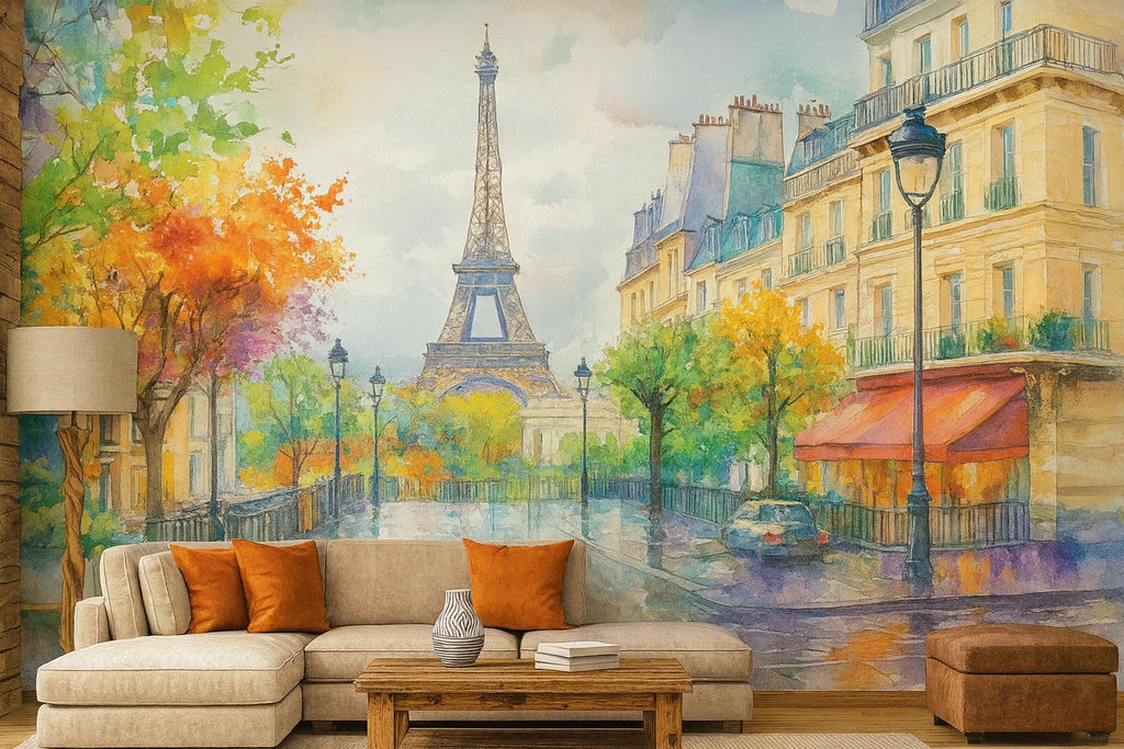 Paris Eiffel Tower Watercolor 3D Wallpaper Mural | Modern Bold Stylish Wall Decor for Bedroom Living Room Office | Unique Gift Travel