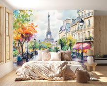 Load image into Gallery viewer, Paris Eiffel Tower Watercolor 3D Wallpaper Mural | Modern Bold Stylish Wall Decor for Bedroom Living Room Office | Unique Gift Travel