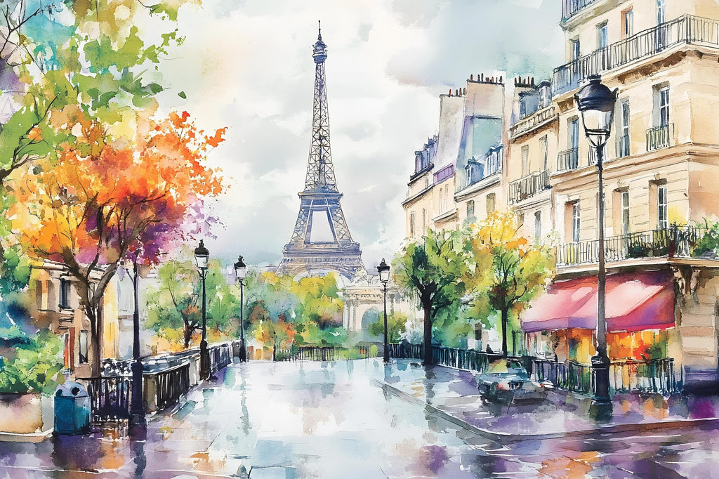 Paris Eiffel Tower Watercolor 3D Wallpaper Mural | Modern Bold Stylish Wall Decor for Bedroom Living Room Office | Unique Gift Travel