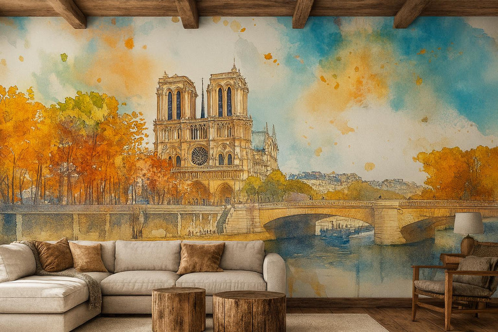 Paris Notre Dame Watercolor Wallpaper – Stylish 3D Wall Mural for Bedroom Living Room Office – Bold Modern Wall Decor Gift for Travel Lovers
