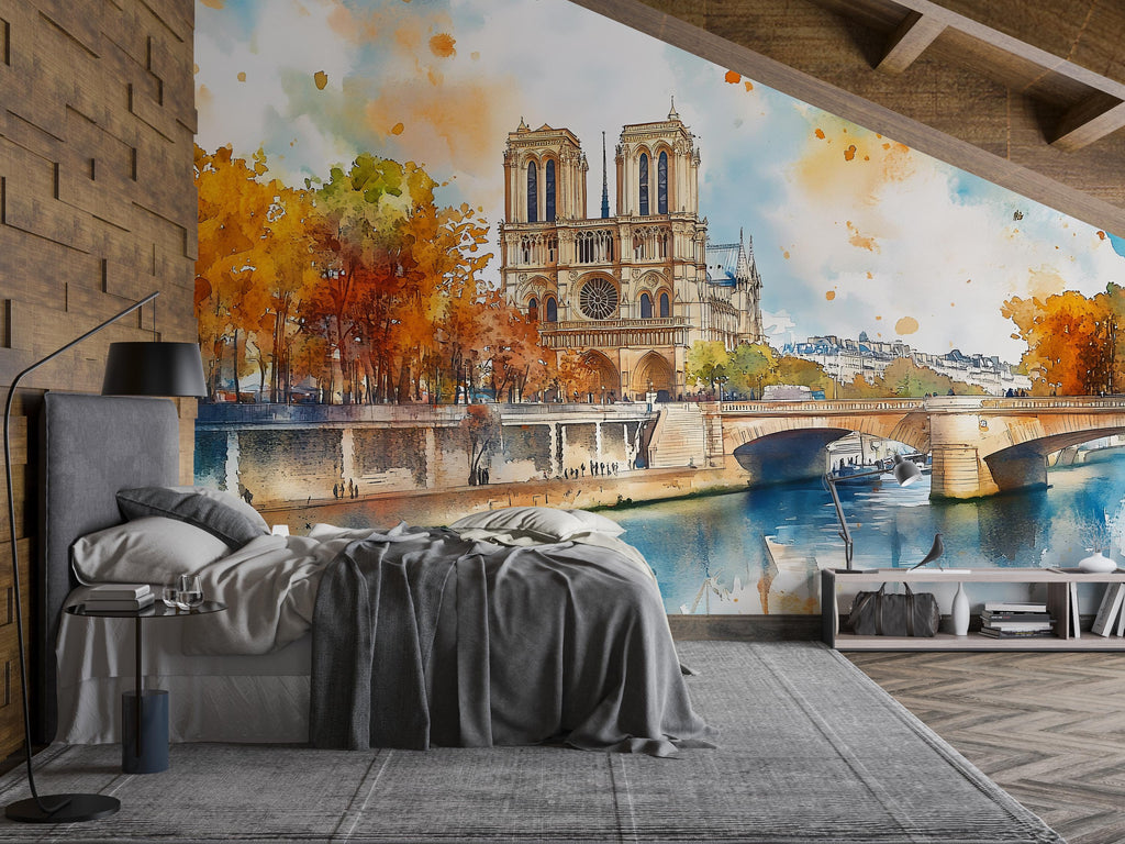 Paris Notre Dame Watercolor Wallpaper – Stylish 3D Wall Mural for Bedroom Living Room Office – Bold Modern Wall Decor Gift for Travel Lovers