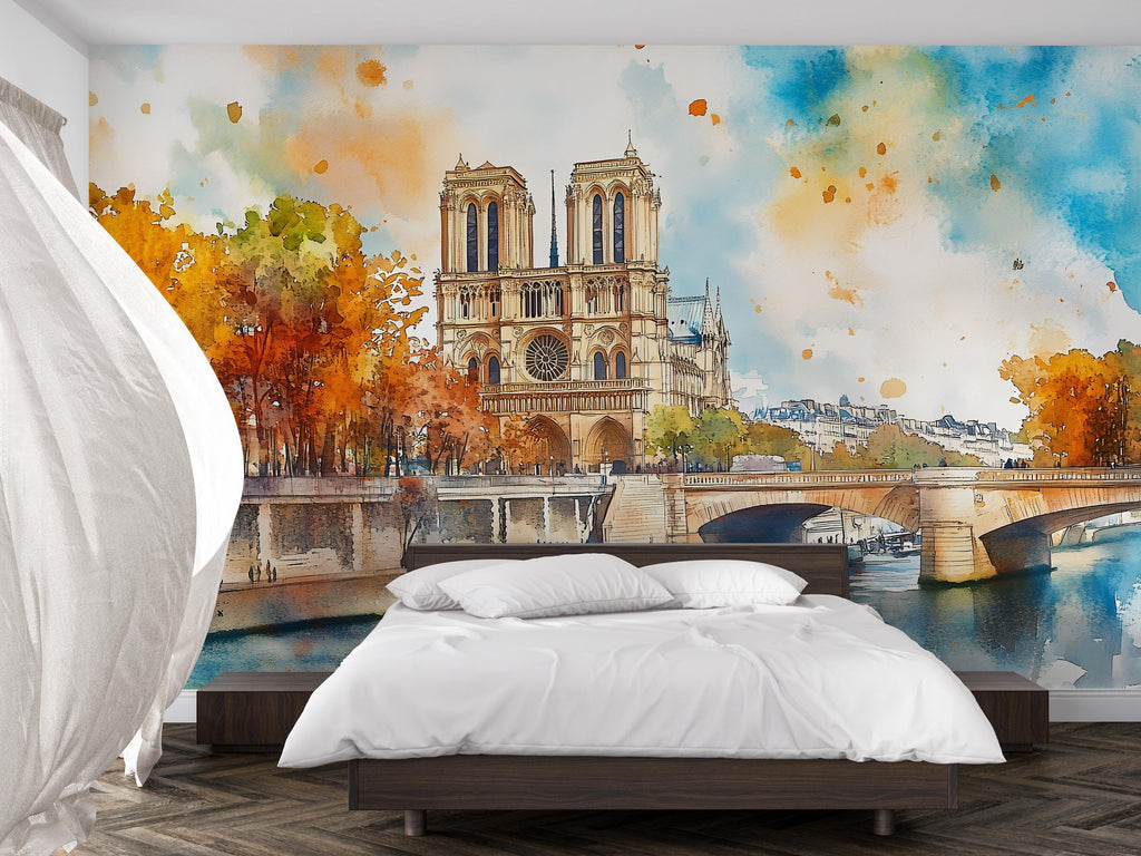Paris Notre Dame Watercolor Wallpaper – Stylish 3D Wall Mural for Bedroom Living Room Office – Bold Modern Wall Decor Gift for Travel Lovers