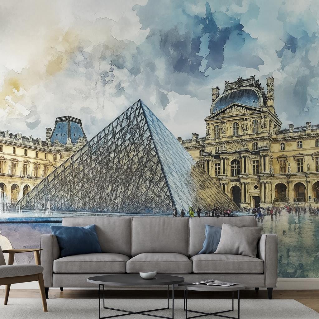 Paris Louvre Pyramid Wallpaper – Watercolor 3D Wall Mural for Bedroom Living Room Office – Bold Stylish Wall Decor Gift for Travel