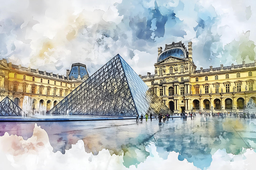 Paris Louvre Pyramid Wallpaper – Watercolor 3D Wall Mural for Bedroom Living Room Office – Bold Stylish Wall Decor Gift for Travel