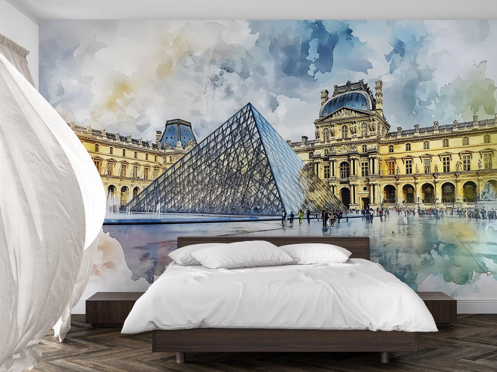 Paris Louvre Pyramid Wallpaper – Watercolor 3D Wall Mural for Bedroom Living Room Office – Bold Stylish Wall Decor Gift for Travel