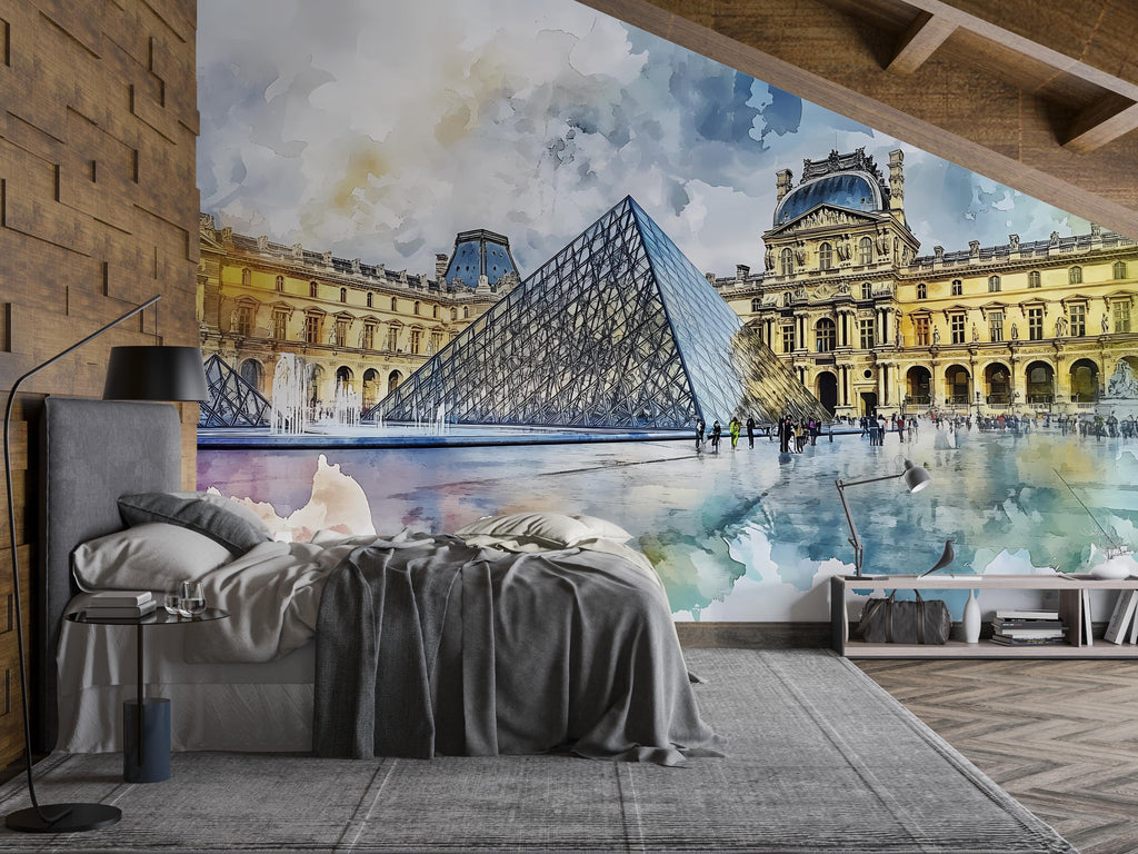 Paris Louvre Pyramid Wallpaper – Watercolor 3D Wall Mural for Bedroom Living Room Office – Bold Stylish Wall Decor Gift for Travel