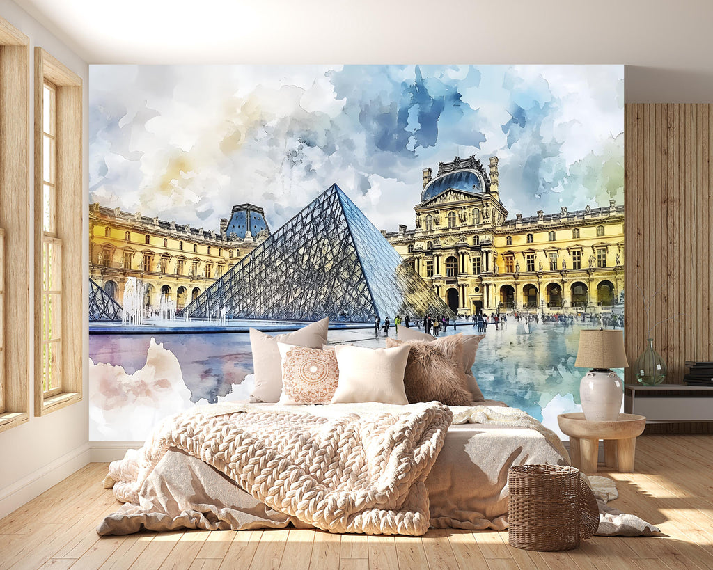 Paris Louvre Pyramid Wallpaper – Watercolor 3D Wall Mural for Bedroom Living Room Office – Bold Stylish Wall Decor Gift for Travel