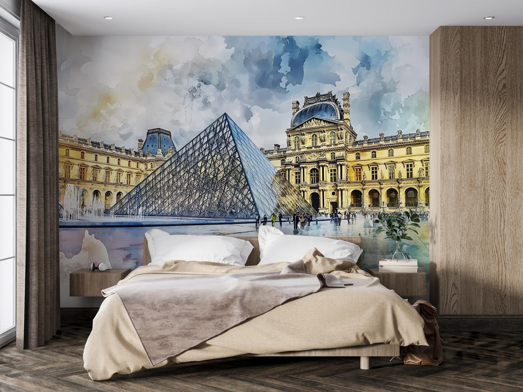Paris Louvre Pyramid Wallpaper – Watercolor 3D Wall Mural for Bedroom Living Room Office – Bold Stylish Wall Decor Gift for Travel