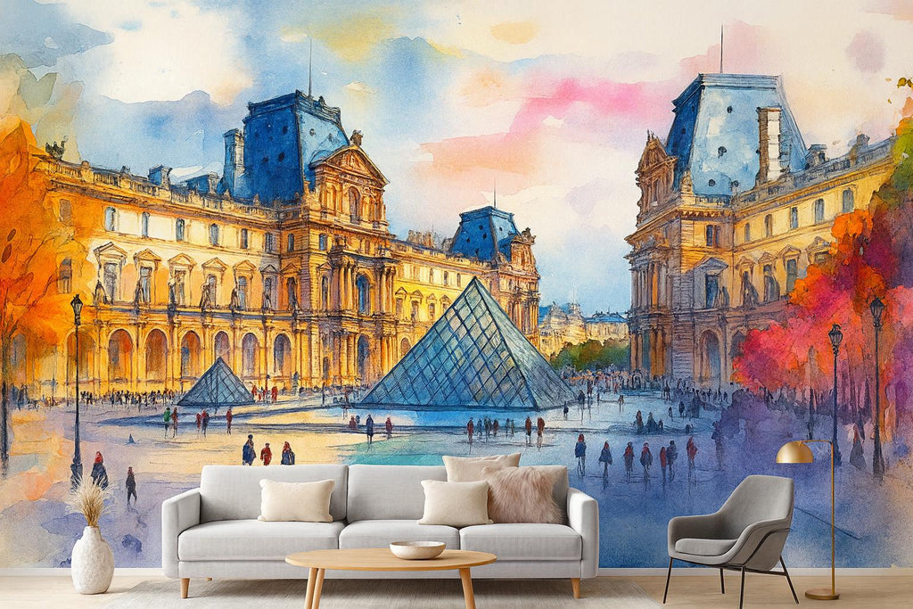 Paris Louvre Pyramid Wallpaper – Watercolor 3D Wall Mural for Bedroom Living Room Office – Stylish Bold Wall Decor Gift for Travel Lovers