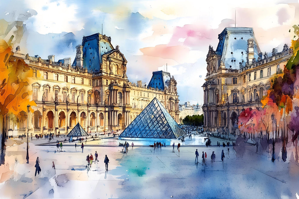 Paris Louvre Pyramid Wallpaper – Watercolor 3D Wall Mural for Bedroom Living Room Office – Stylish Bold Wall Decor Gift for Travel Lovers