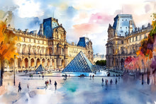 Load image into Gallery viewer, Paris Louvre Pyramid Wallpaper – Watercolor 3D Wall Mural for Bedroom Living Room Office – Stylish Bold Wall Decor Gift for Travel Lovers