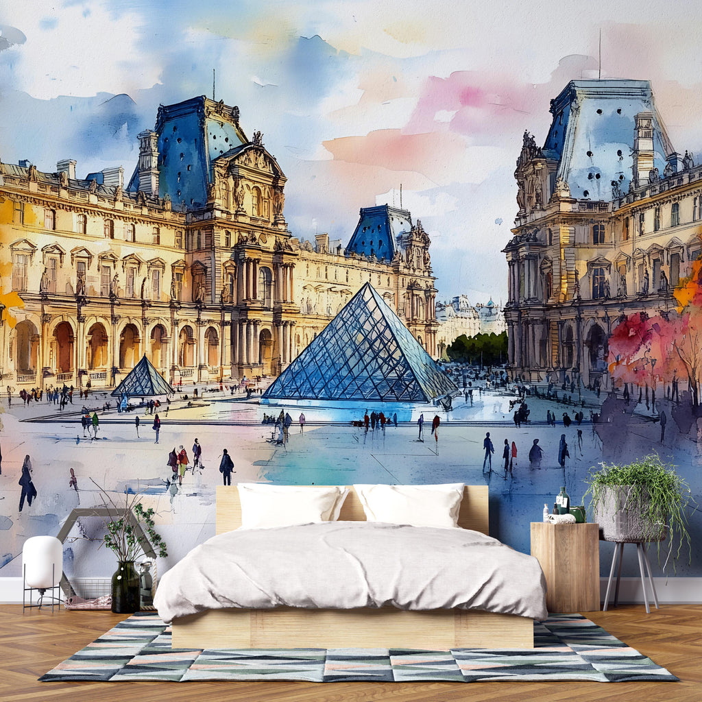 Paris Louvre Pyramid Wallpaper – Watercolor 3D Wall Mural for Bedroom Living Room Office – Stylish Bold Wall Decor Gift for Travel Lovers