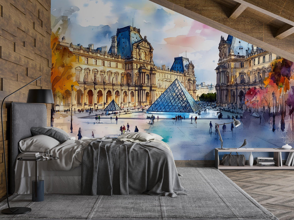 Paris Louvre Pyramid Wallpaper – Watercolor 3D Wall Mural for Bedroom Living Room Office – Stylish Bold Wall Decor Gift for Travel Lovers