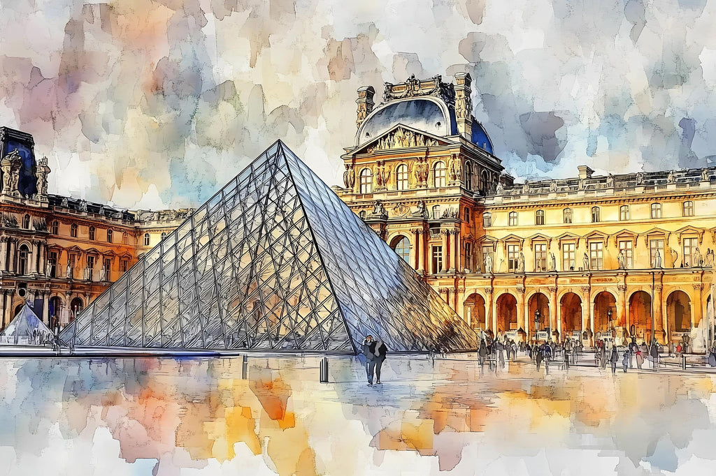 Paris Louvre Pyramid Wallpaper – Watercolor 3D Wall Mural for Living Room Bedroom Office – Bold Modern Stylish Wall Decor Gift for Travel