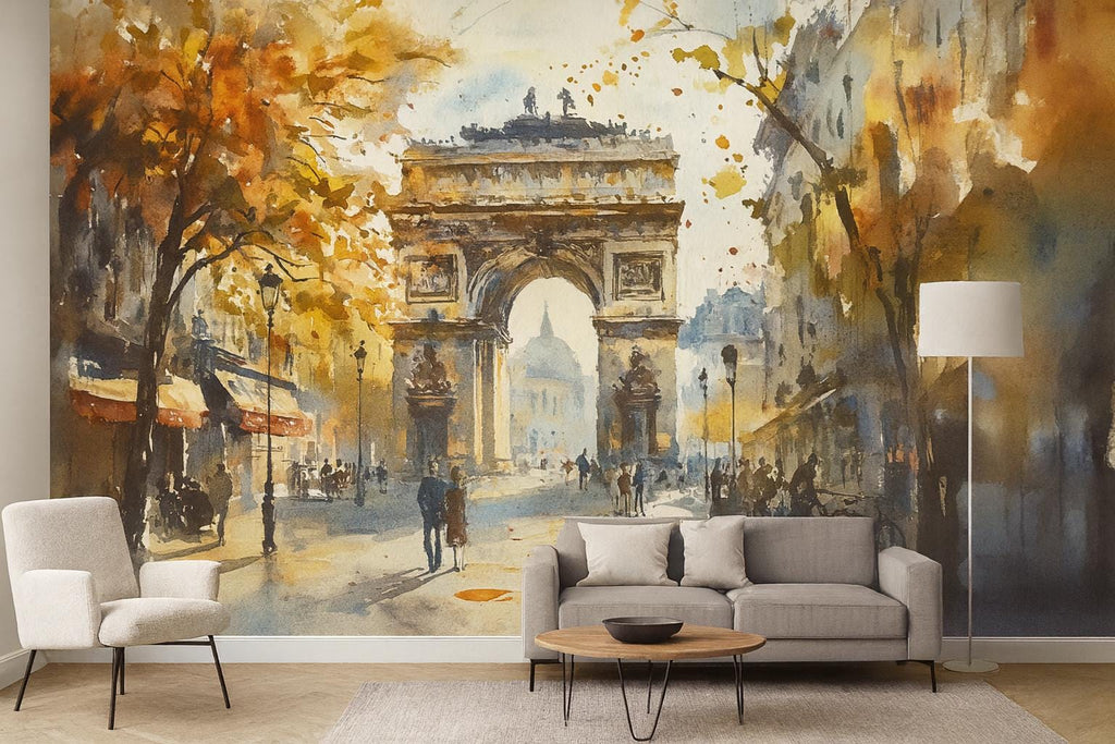 Paris Arc de Triumph Wallpaper – Watercolor 3D Wall Mural for Living Room Bedroom Office – Bold Stylish Wall Decor Gift for Travel Lovers