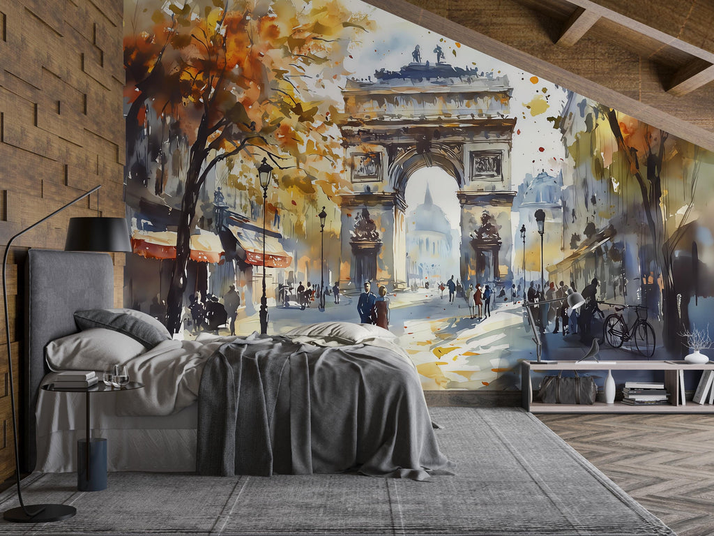 Paris Arc de Triumph Wallpaper – Watercolor 3D Wall Mural for Living Room Bedroom Office – Bold Stylish Wall Decor Gift for Travel Lovers