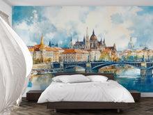Load image into Gallery viewer, Budapest Parliament Wallpaper – Watercolor 3D Wall Mural of Danube River Bridge for Bedroom Living Room Office – Bold Modern Stylish Wall