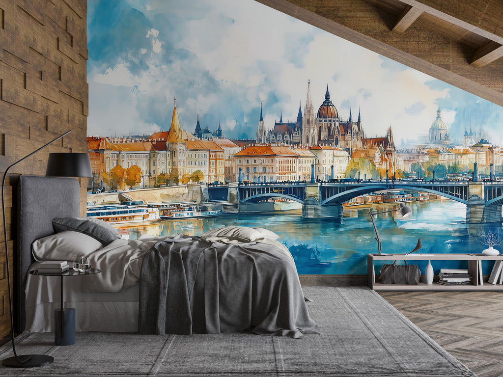 Budapest Parliament Wallpaper – Watercolor 3D Wall Mural of Danube River Bridge for Bedroom Living Room Office – Bold Modern Stylish Wall
