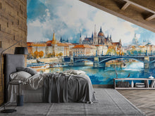 Load image into Gallery viewer, Budapest Parliament Wallpaper – Watercolor 3D Wall Mural of Danube River Bridge for Bedroom Living Room Office – Bold Modern Stylish Wall